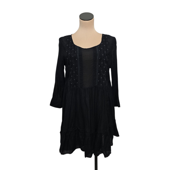 Maeve Dress Womens Medium Black Embroidered Boho Long Sleeve Tunic Flowy India - Picture 1 of 8
